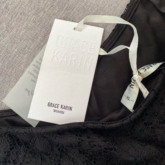 GRACE KARIN Women Comfy Lace Party Tank Tops Asymmetric One Shoulder BLACK XL - Picture 3 of 6